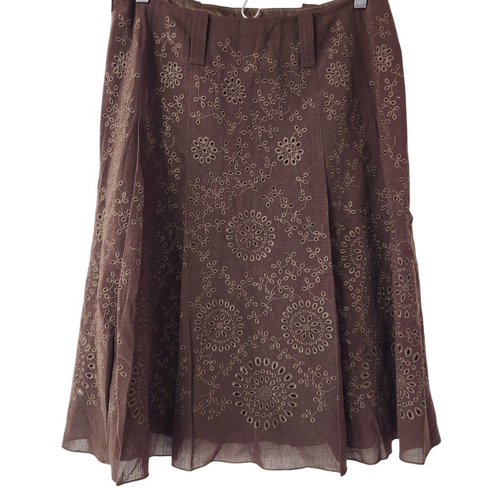 Wool lightweight A Line Pleated Skirt Eyelet Embroidered Boho Per Se size 8 Y2K